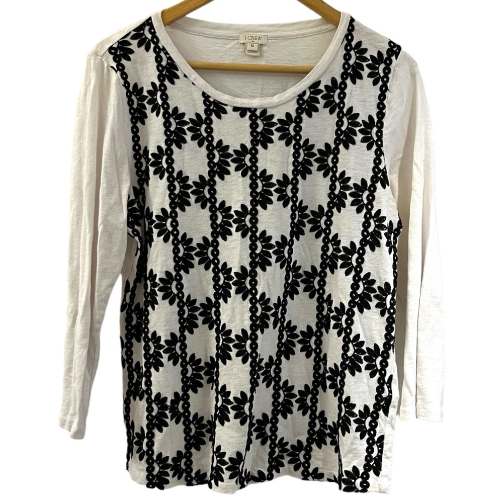 J. Crew Women's Size M Long Sleeve Embroidered Top White Black / FC Read